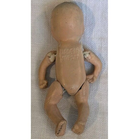 Bisque Jointed Baby Doll Japan Stringed Stamped Mouth Miniature Porcelain Vtg 4" - Picture 2 of 16